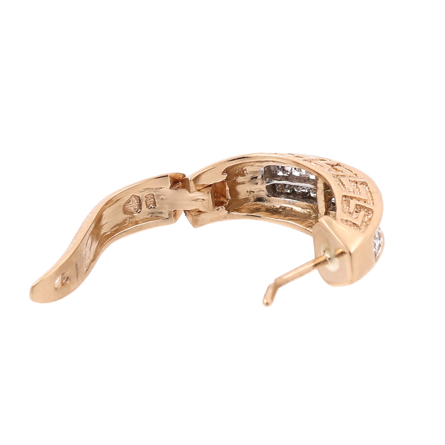 Diamond Greek Key Huggie Hoop Earrings 14K Yellow Gold 1.80 TW Princess Cut
