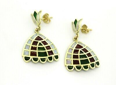 Vintage Enamel Shell Yellow Gold Dangle Drop Earrings 14K Gold Ladies