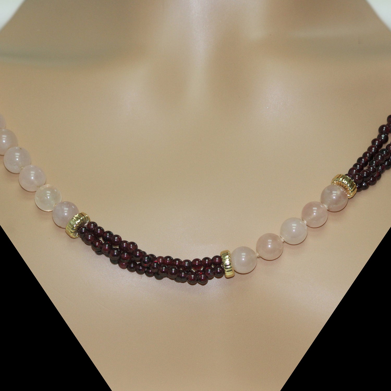 Vintage Rose Quartz Garnet Bead Necklace 14K Yellow Gold Accents 32"