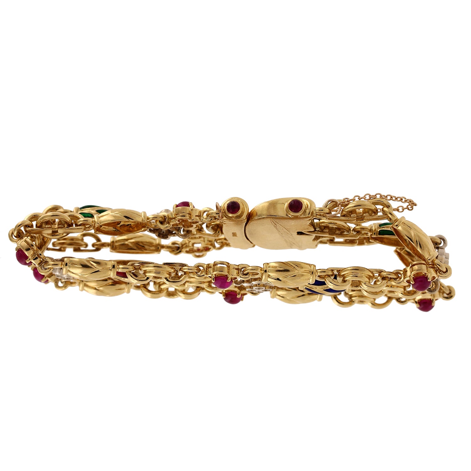 Ruby Diamond Multi-Strand Enamel Bracelet 18K Yellow Gold 4.13 CTW 6.25" Estate