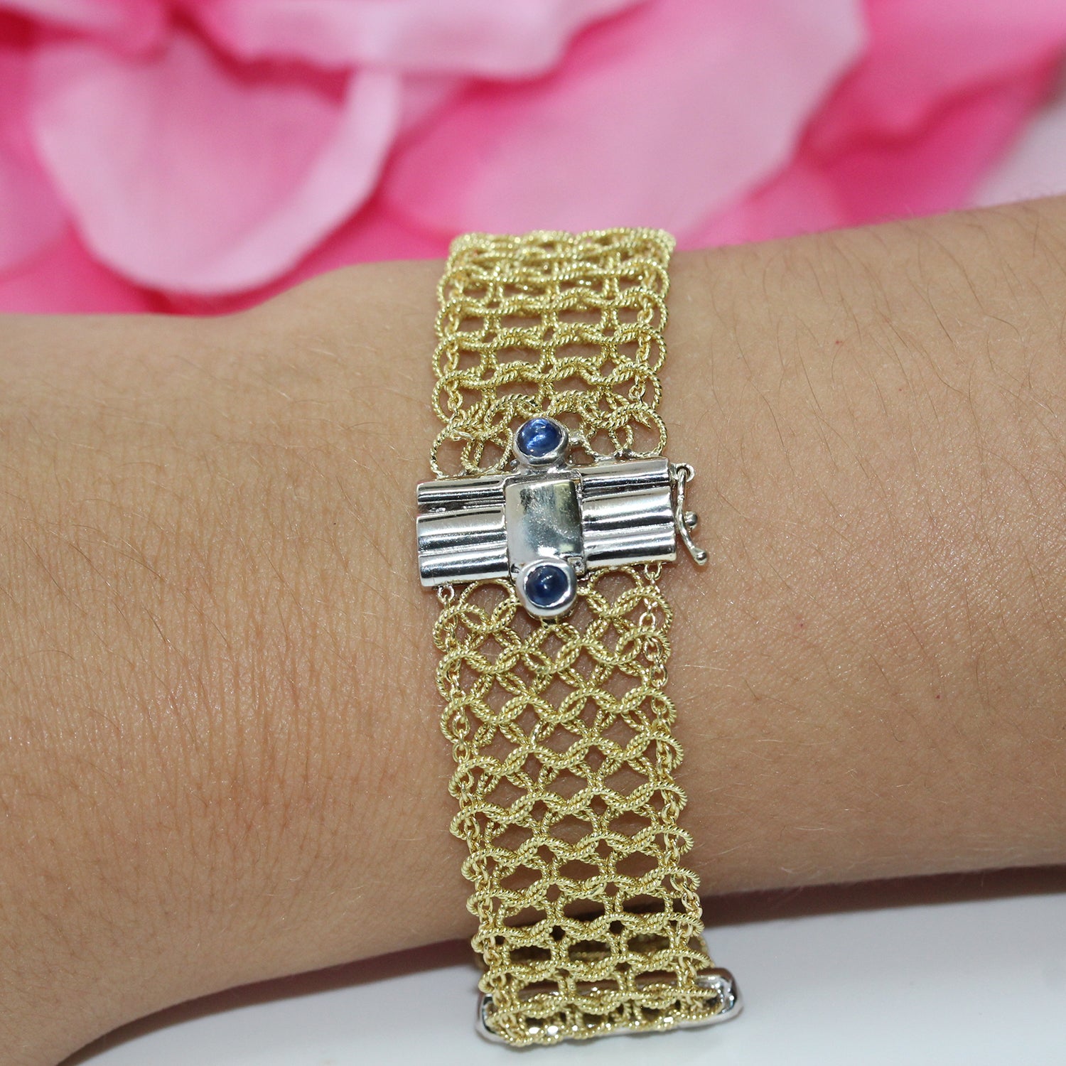 Diamond 18K Two-Tone Gold Mesh Diamond & Sapphire Bracelet 6.5" 0.80 CTW