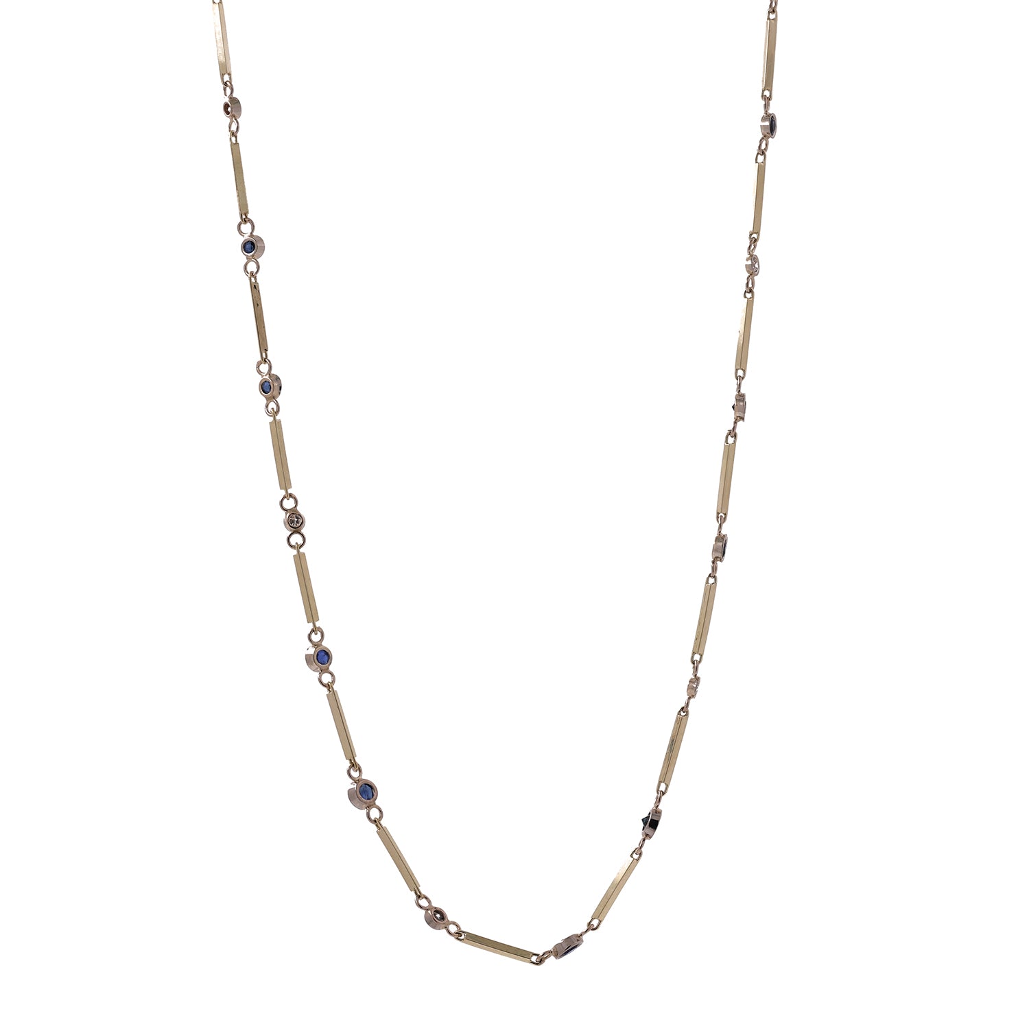 Blue Sapphire Diamond Station Necklace 14K Yellow Gold Bar Link Chain 26.5"