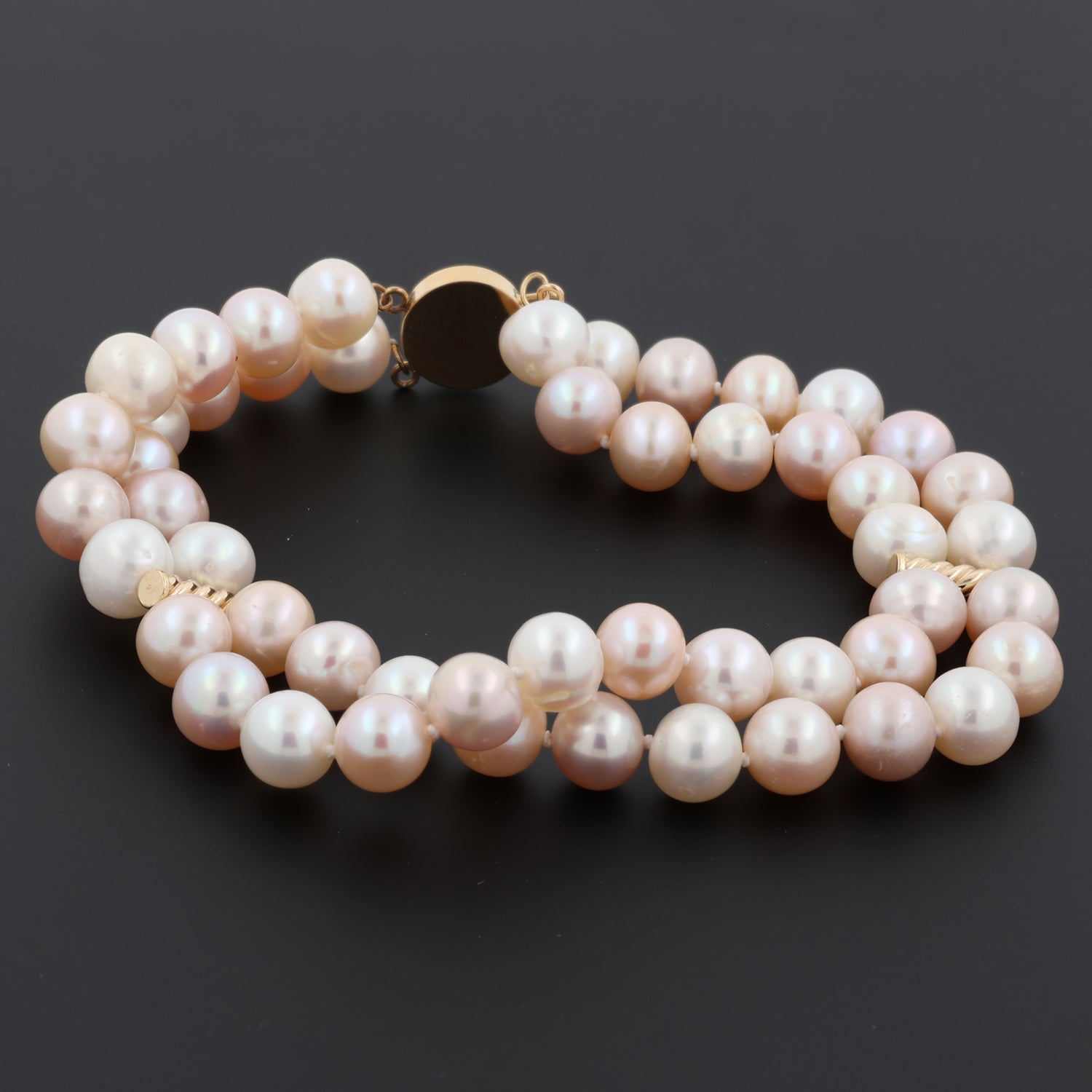 Vintage Two-Strand Freshwater Pearl Bracelet 14K Yellow Gold Estate 8.25"