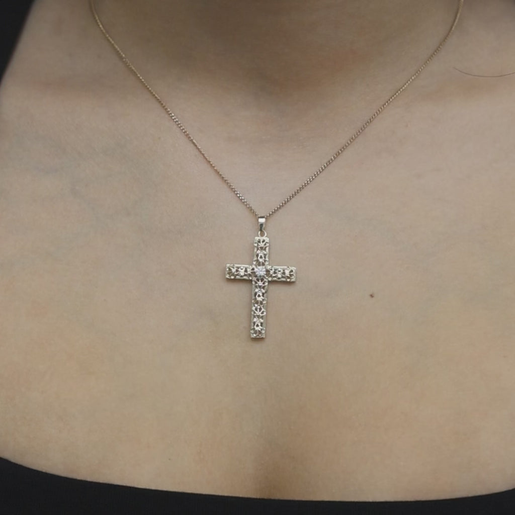 Religious Yellow Gold Filigree Cross Pendant Cubic Zirconia Accent 1.55" Estate