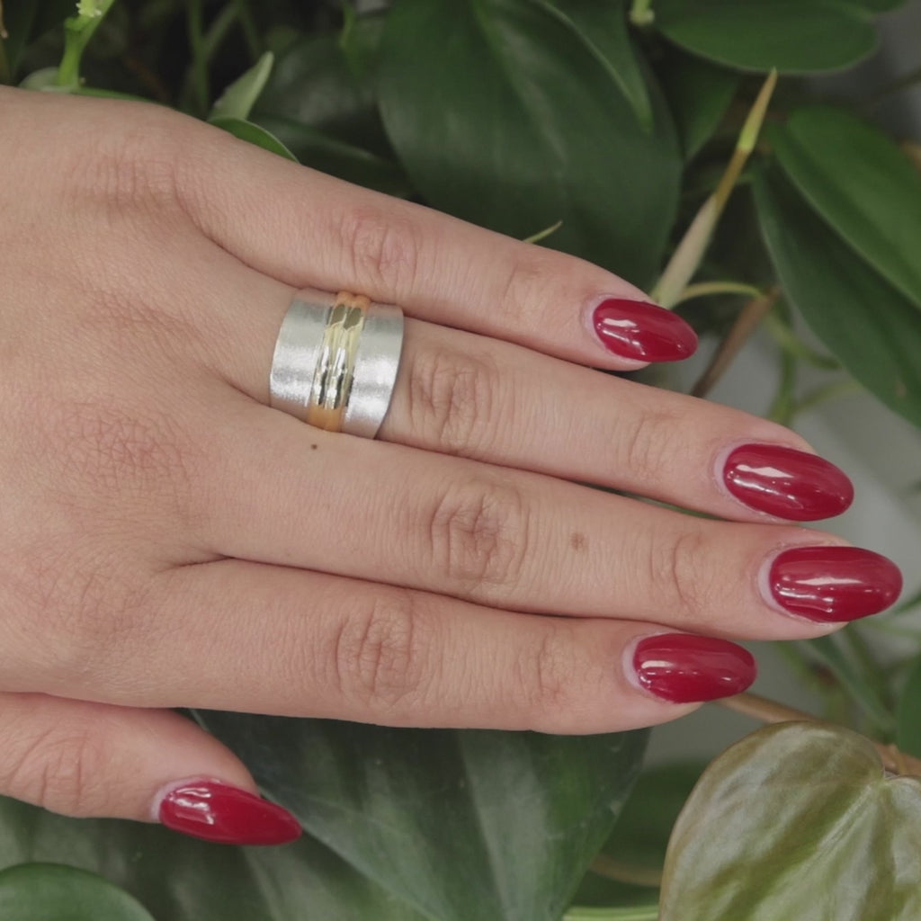 18K Two-Tone Gold Wide Band Ring Brushed Gold Open Shank Size 6.75 Estate