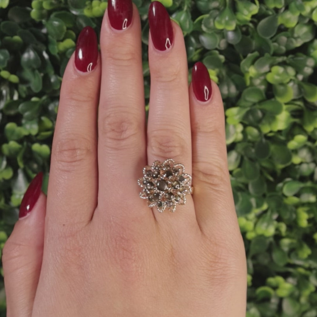Black Star Sapphire Cocktail Flower Ring Yellow Gold 1.95 CTW Size 7.25 Ladies
