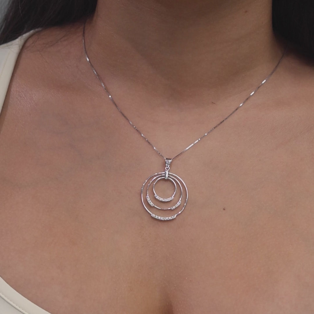 0.40 TW Diamond Tri-Circle Pendant Cable Chain Necklace 14K White Gold 18"