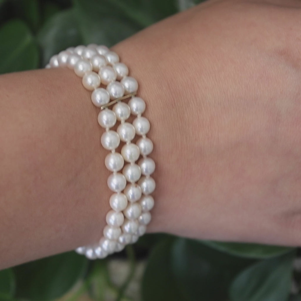 3-Strand Akoya Pearl Diamond Bracelet 14K Yellow Gold 0.12 TW 7" Ladies Estate