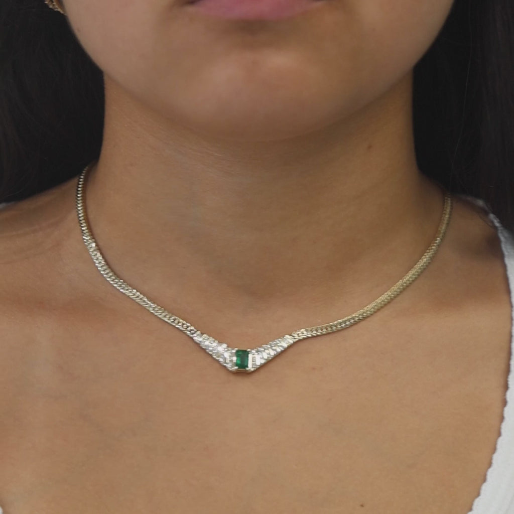 Emerald Cut Emerald Diamond Necklace 14K Yellow Gold 1.85 CTW 16" Estate