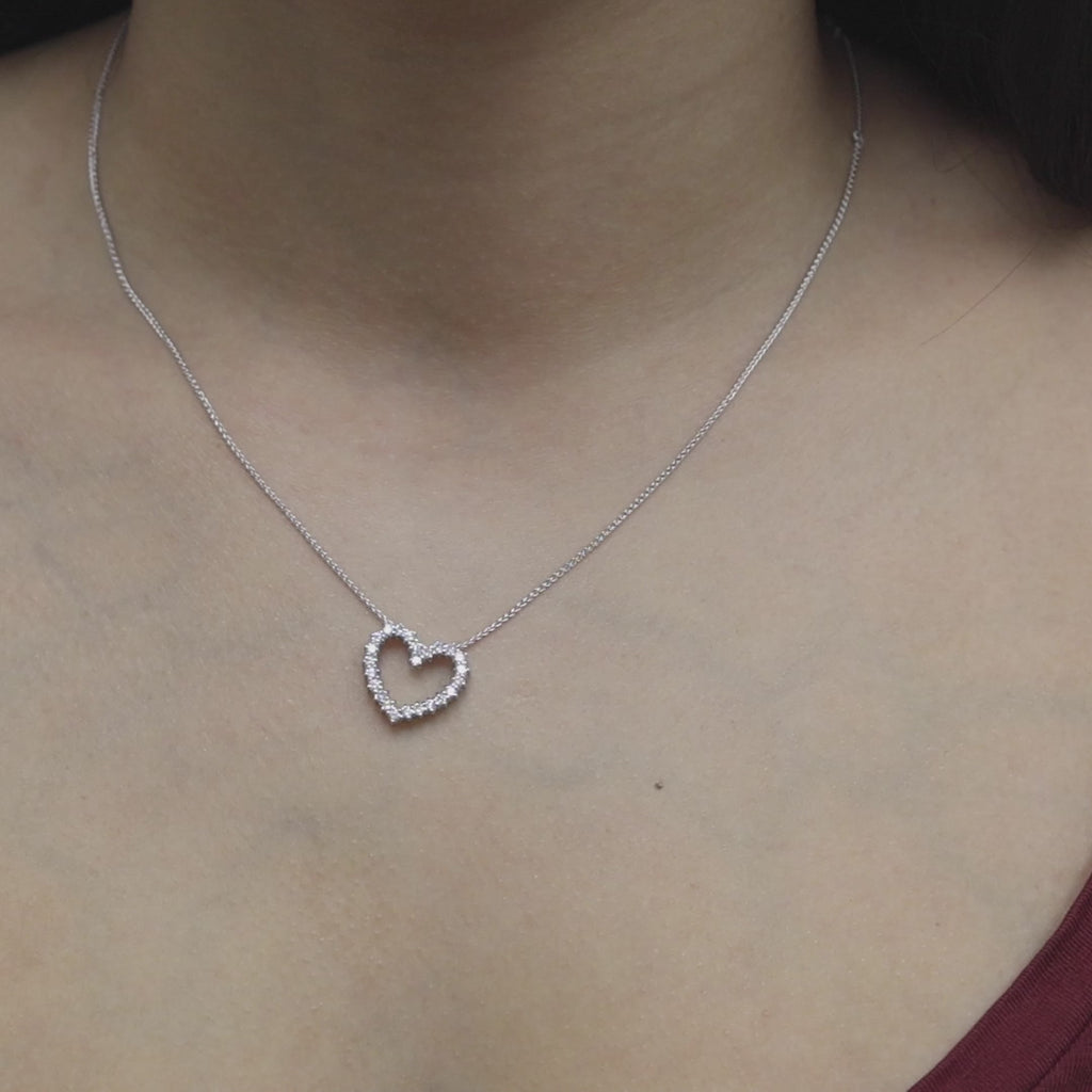 0.60 TW Diamond Open Heart Pendant Spiga Chain Necklace White Gold 18" Ladies
