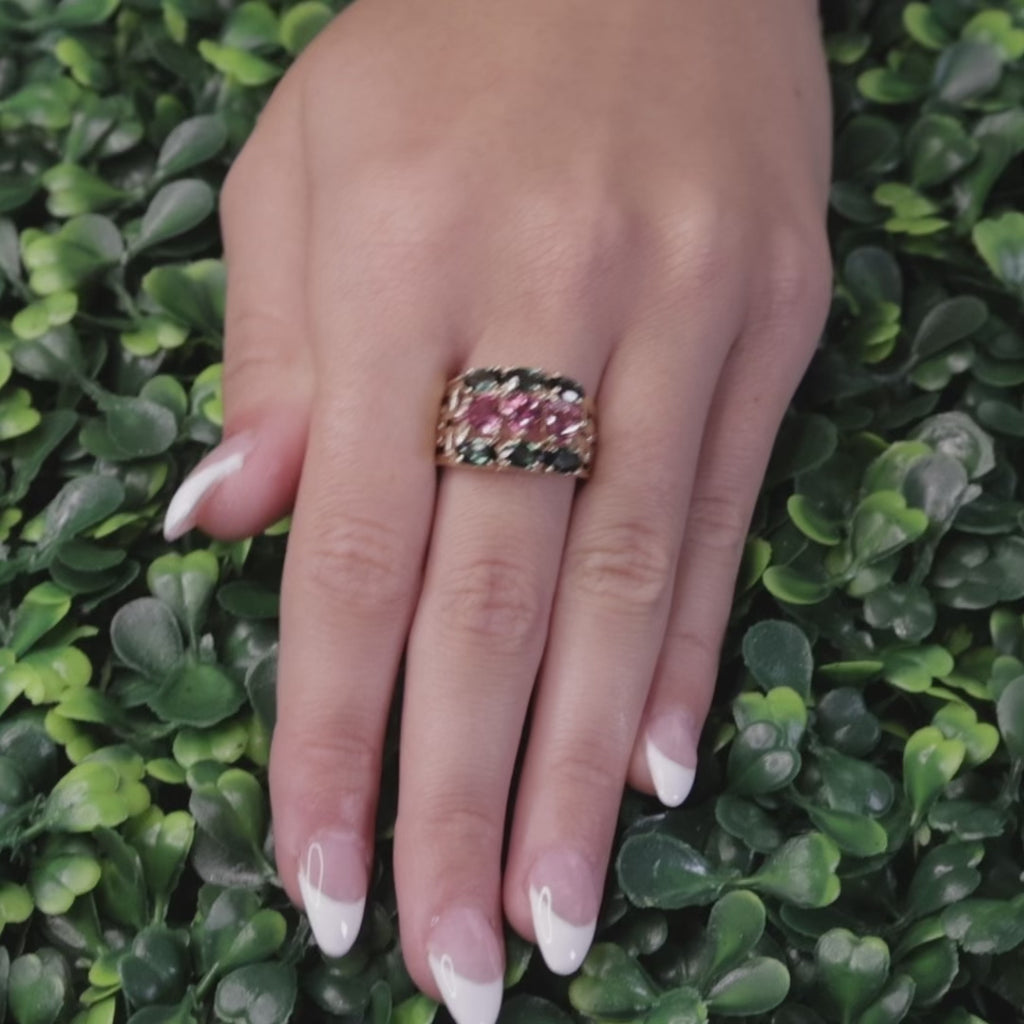 14K Yellow Gold Pink Green Tourmaline Ring Trillion Oval Greek Key Cocktail 7.25