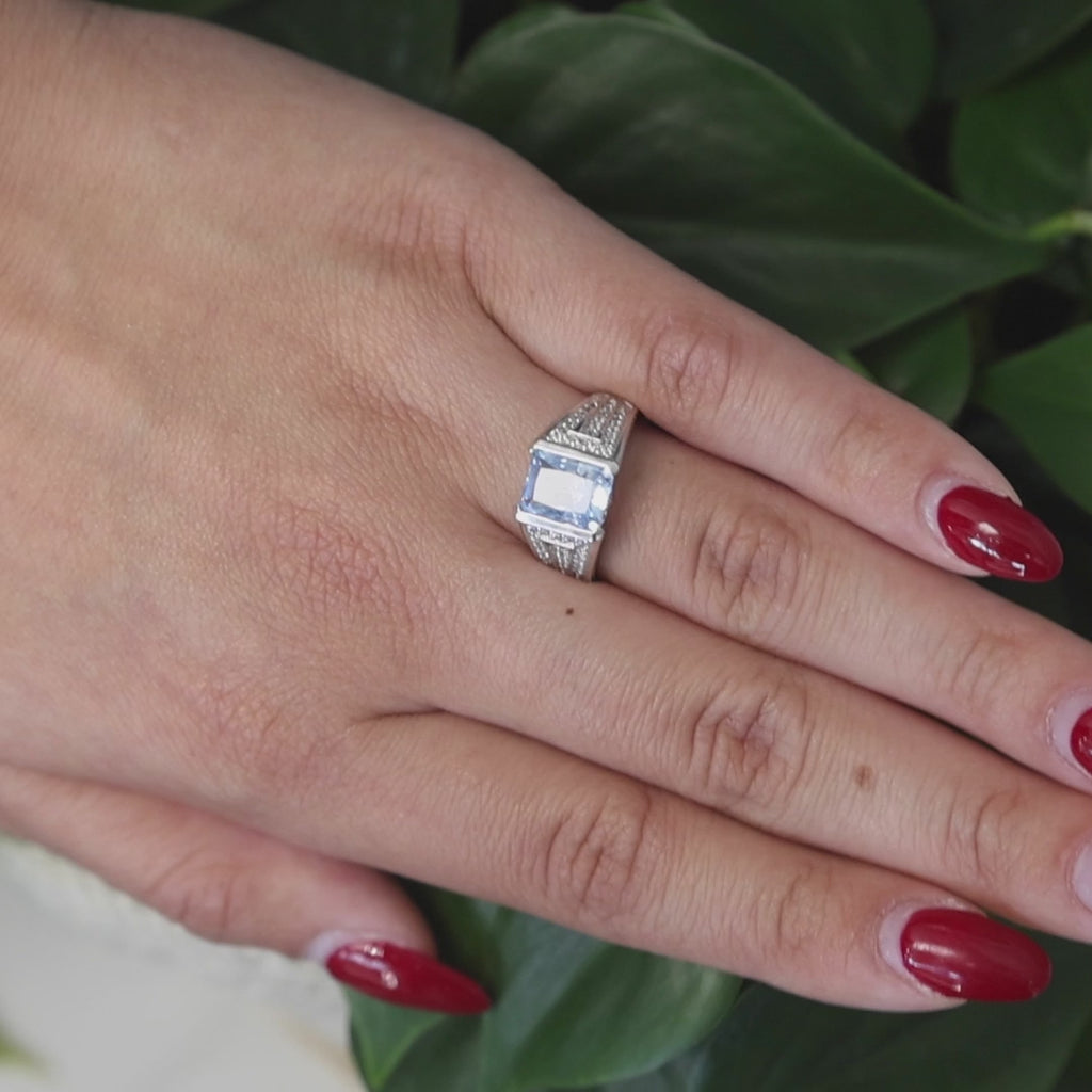 Emerald Cut Sapphire Solitaire Ring 14K White Gold CZ Accents Lab Grown SZ 8.25