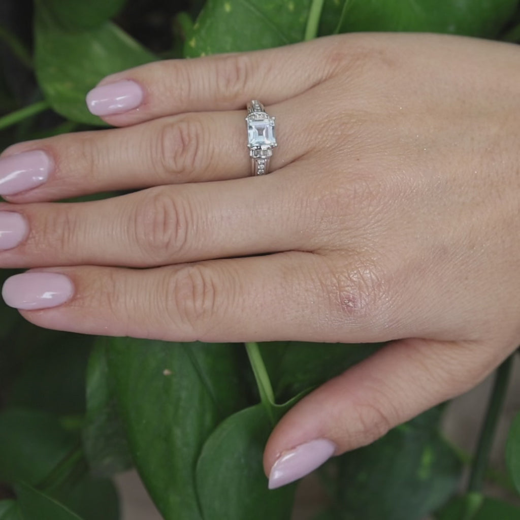 1.25CTW Aquamarine Diamond Ring 14K White Gold Baguette Accent Size 7 Estate