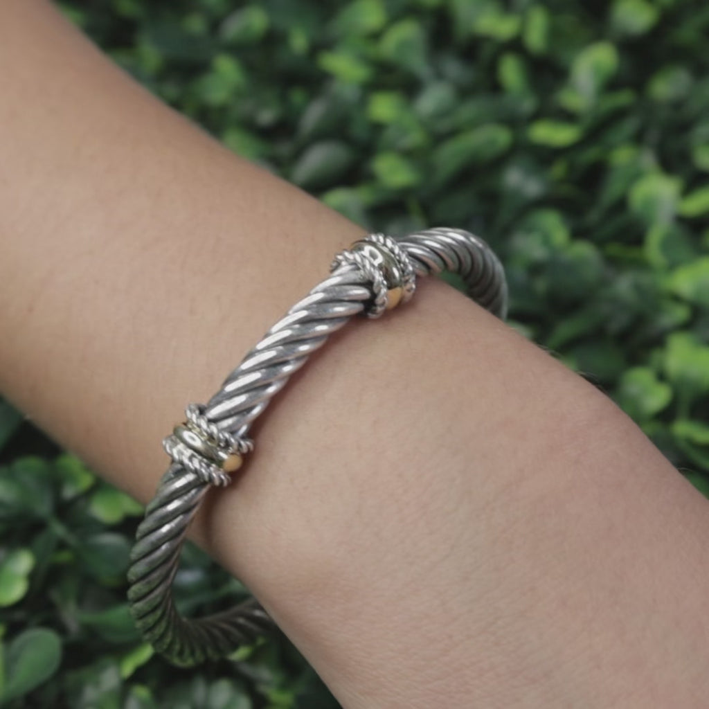 Alisa Double Yellow Gold Rondelle Station Sterling Twisted Cable Bangle Size 6.5