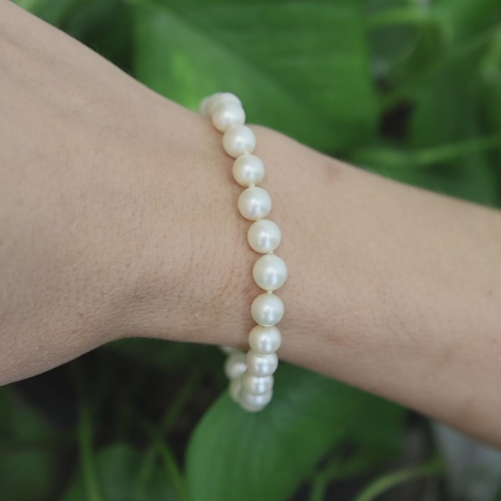 14K Gold 6.8mm Cultured Akoya Pearl Bracelet 7" Filigree Clasp 22 Pearls Estate