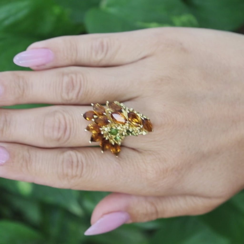 Vintage 18K Gold Citrine Peridot Bird-Inspired Statement Ring Size 7.25 15.3g