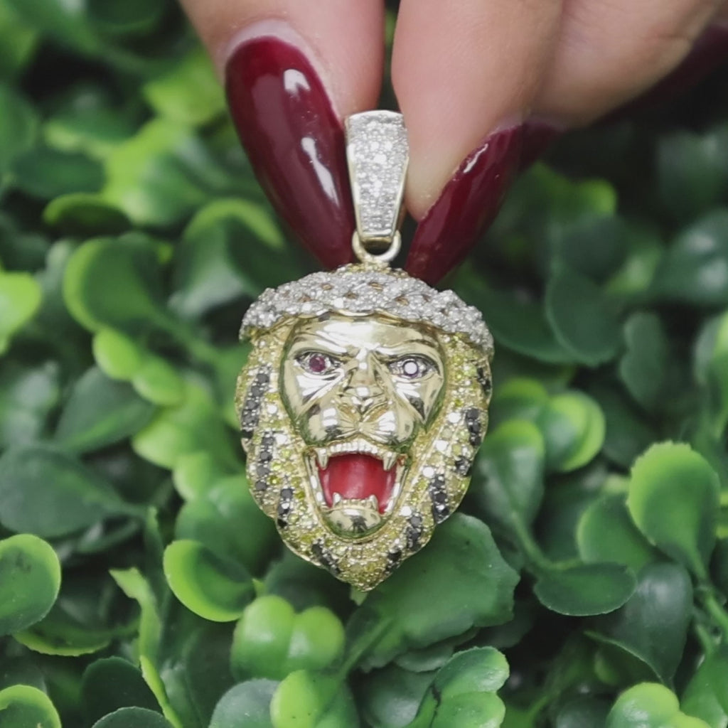 Lion Pendant Charm Colored Diamonds Rubies 10K Yellow Gold Enamel Inlay 1.57"