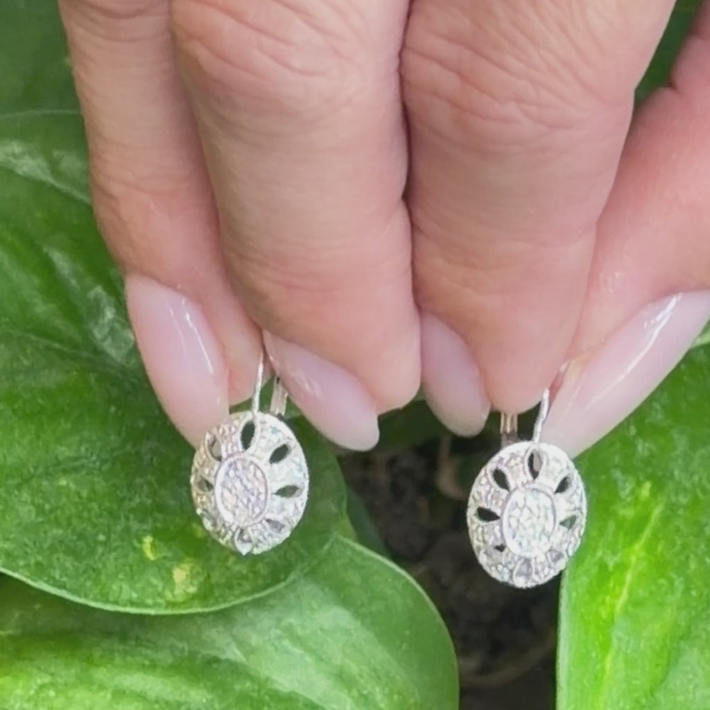 Natural Diamond Filigree Drop Earrings 14K White Gold 0.40 CTW Lever Backs 0.75"