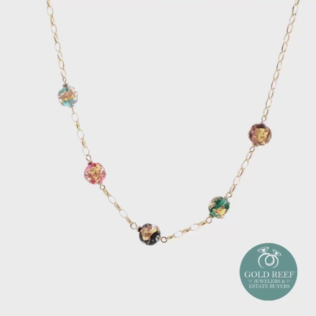 Acrylic Colored Beads With Gold Flecks Chain Necklace 14K Yellow Gold 17" Ladies
