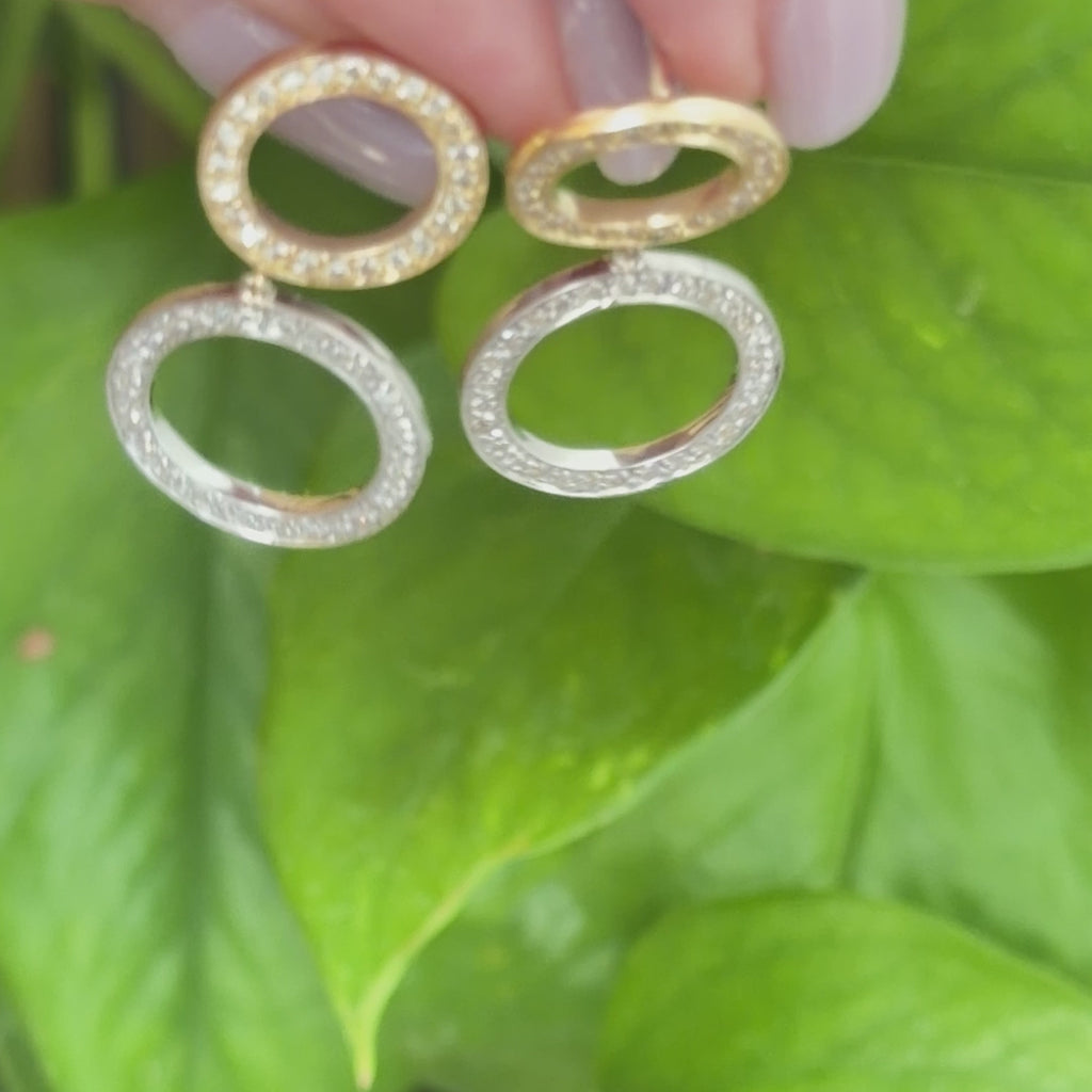 Natural Diamond Double Circle Drop Earrings 14K Two-Tone Gold 1.00 CTW 1.18"