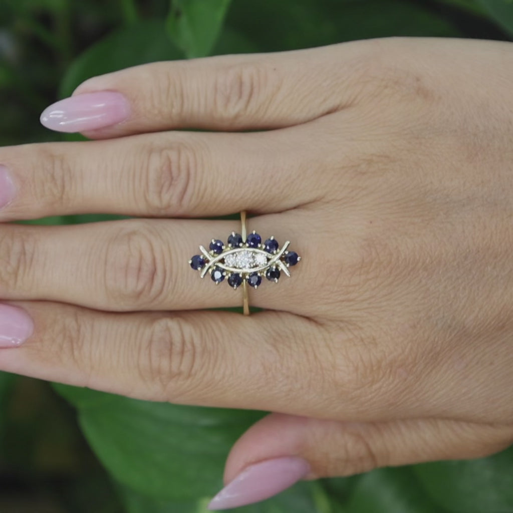 Yellow Gold Sapphire Diamond Marquise Cluster Ring 1.21CTW Estate Size 7.25