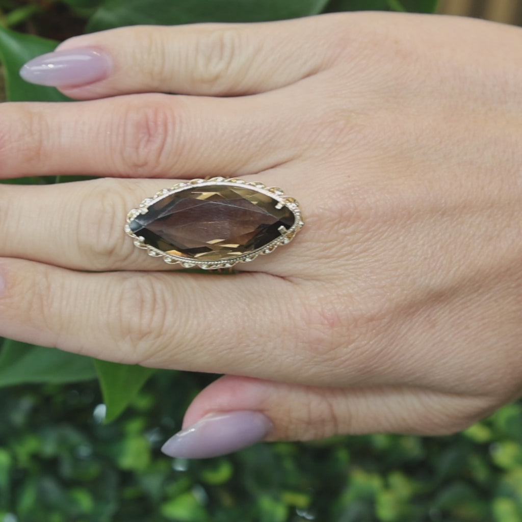26 CT Marquise Smoky Quartz Cocktail Statement Ring 14K Yellow Gold Size 7.25