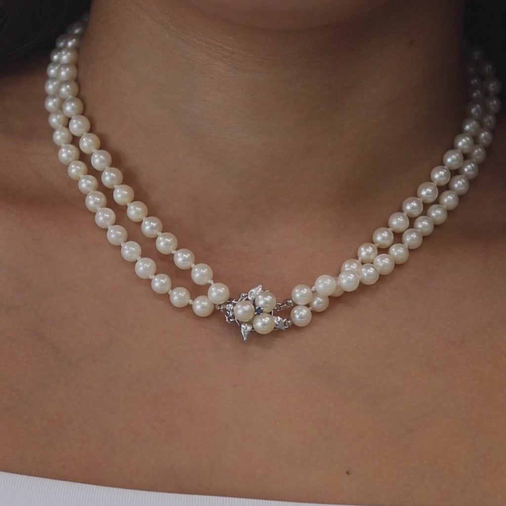 Vintage 2-Strand Cultured Akoya Pearl Necklace 14K White Gold Floral Clasp 17"