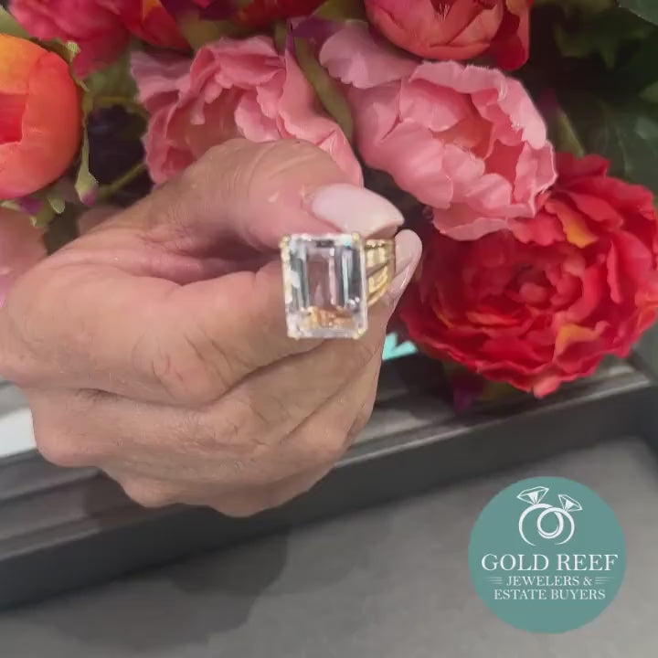 15 CT Morganite Statement Ring 18K Yellow Gold Emerald Cut Gemstone Size 7