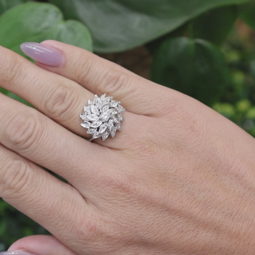 White Gold Natural Diamond Large Floral Cluster Cocktail Ring 0.40 CTW Size 5