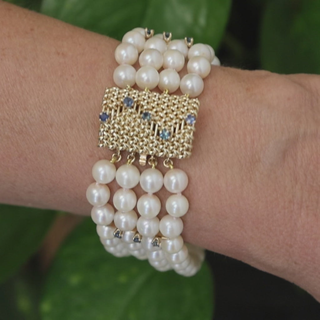 Estate 14K Gold 96 Akoya Pearl 5-Strand Blue Sapphire Bracelet 25mm Wide 7.25"