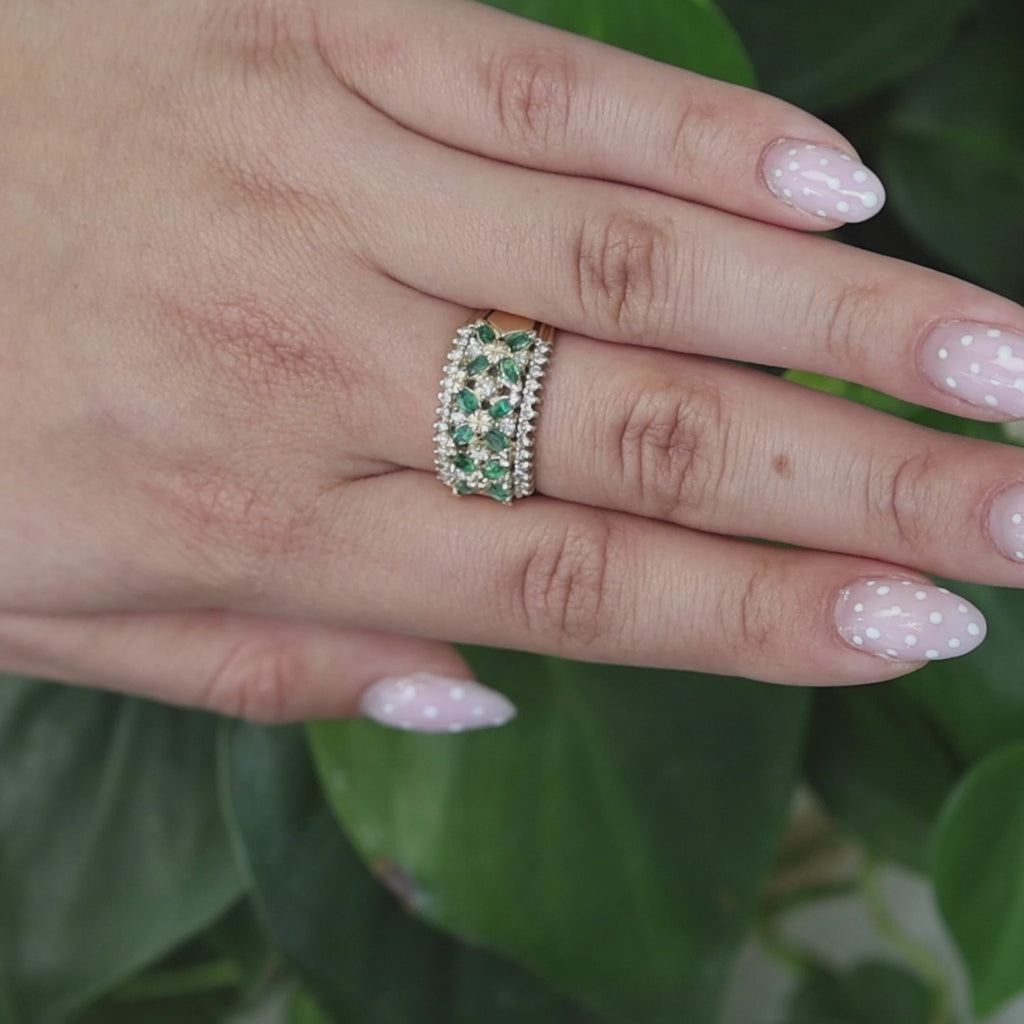 EFFY Emerald Diamond Floral Wide Band Ring 14K Yellow Gold 0.86 CTW Size 9.25