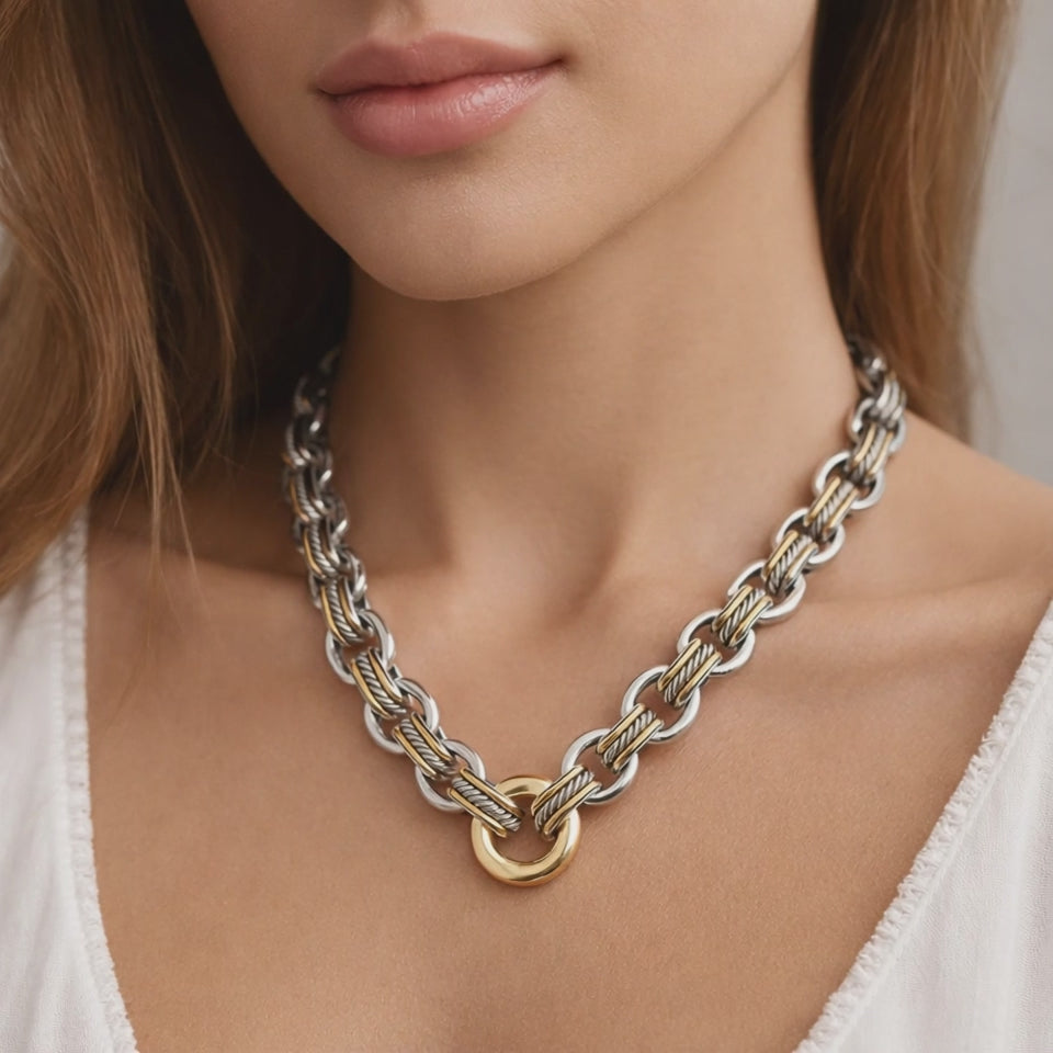 David Yurman Large Cable Ring Link Necklace SS 18K Yellow Gold 16.25"