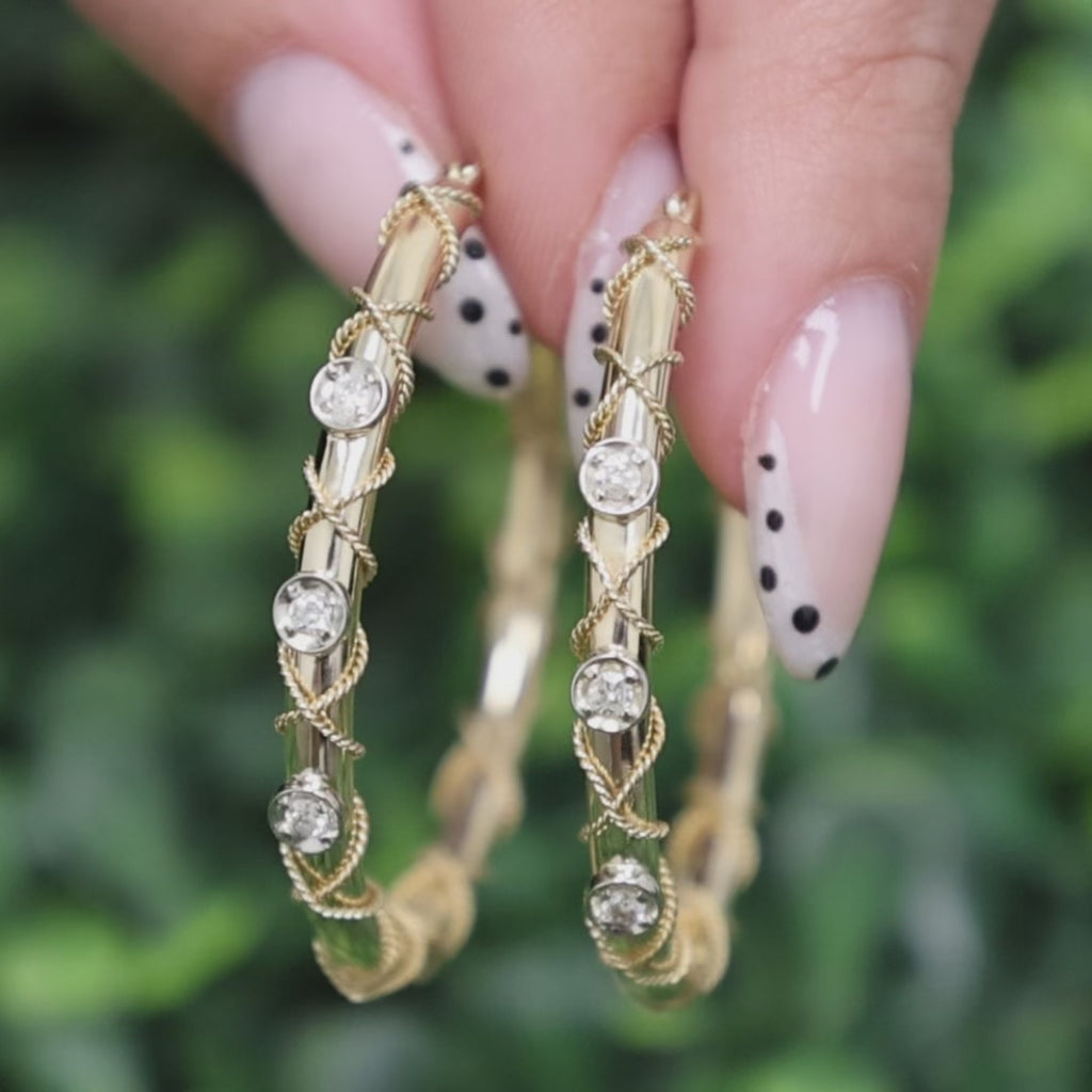 Diamond Circle Twisted Round Hoop Earrings 14K Gold 0.30 TW 1.70" Ladies