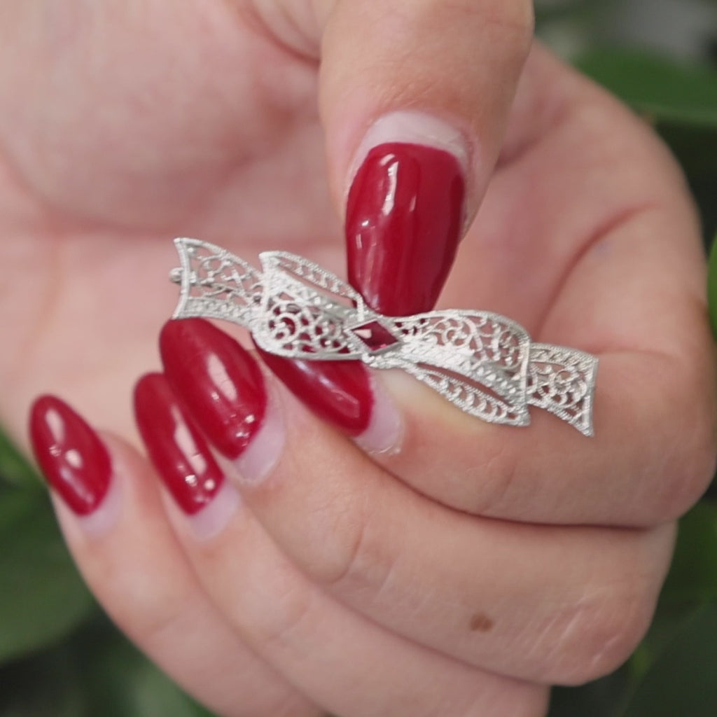 Vintage Ruby Filigree Bow Brooch Pin 10K White Gold 0.16 TW Ladies Estate