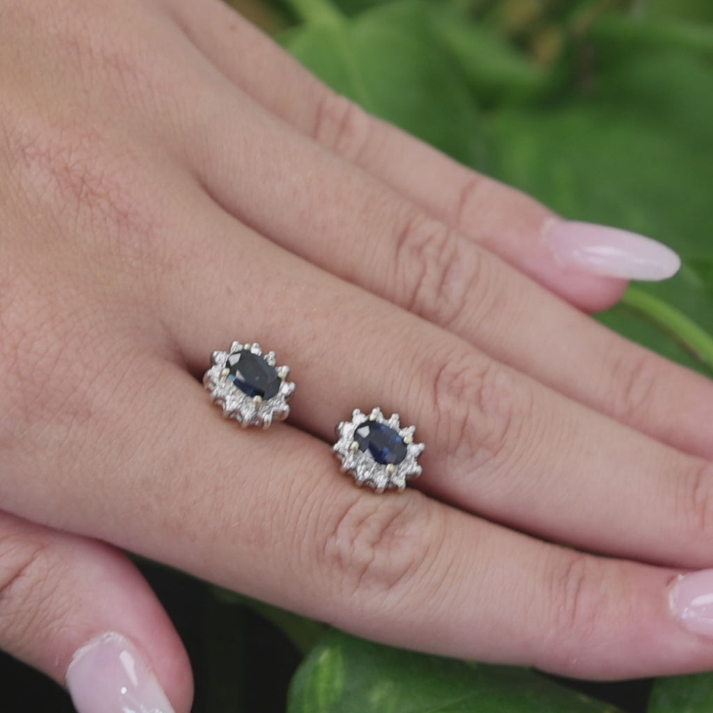 Natural Blue Sapphire Diamond Halo Stud Earrings 14K Two Tone Gold Estate 1.43CT