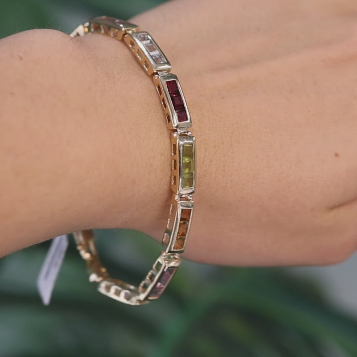 Multi Gemstone Link Bracelet 14K Yellow Gold 4.56 CTW Square Gems 7.5"