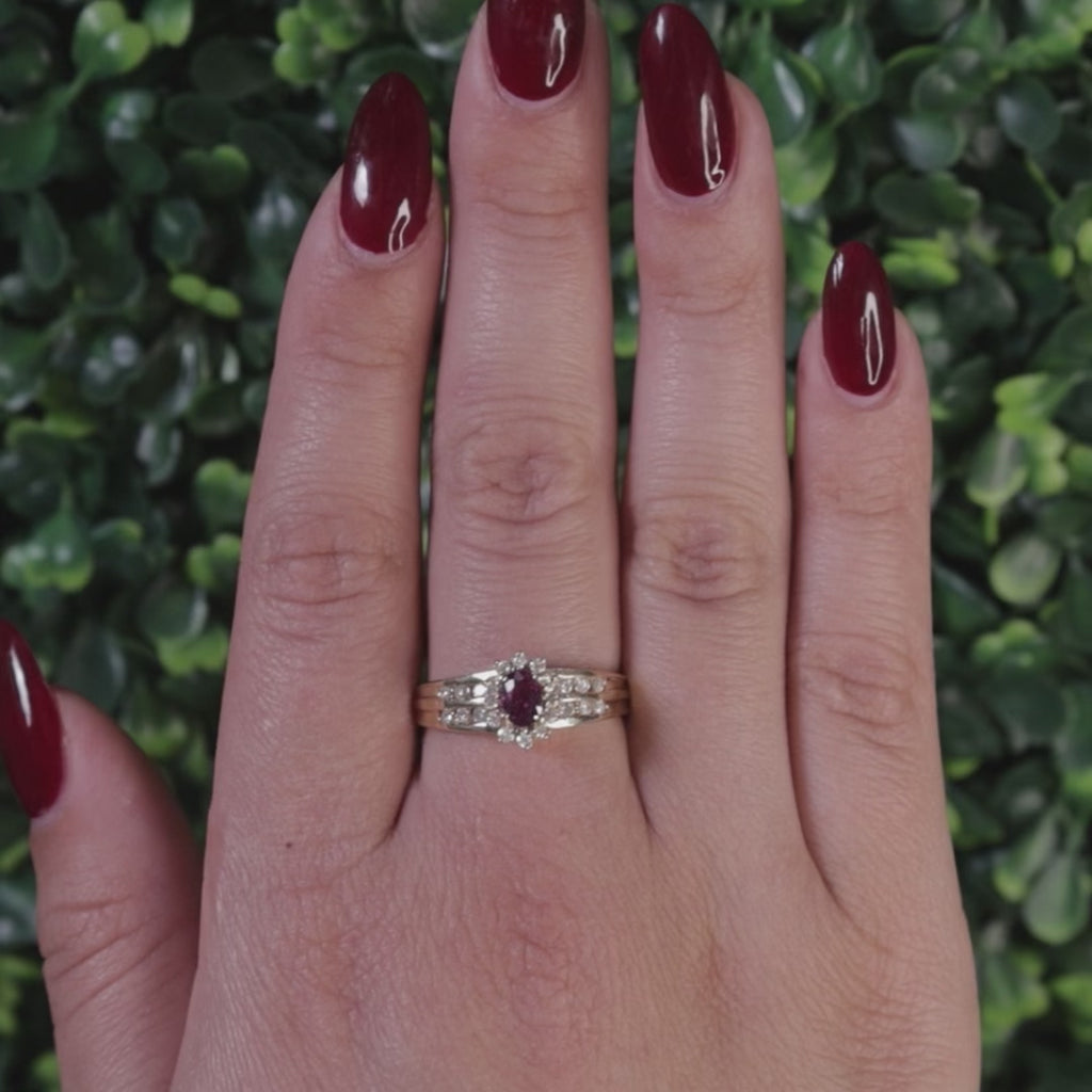 Ruby Halo Diamond Floral Ring 14K Yellow Gold 1.05 CTW Size 10 Ladies Estate