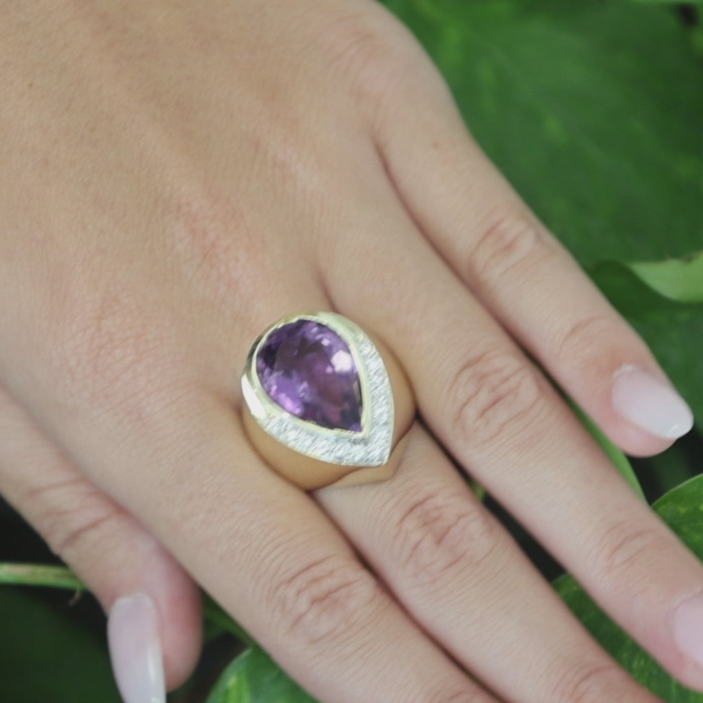 14K Two Tone Gold 7.62CTW Amethyst Diamond Pear Statement Ring 7.25CT Size 6