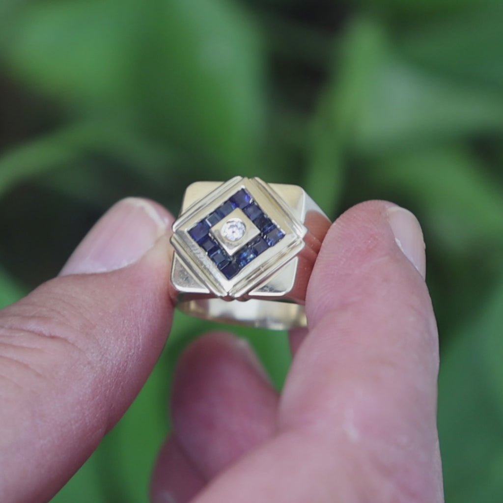 14K Gold Men's Princess Sapphire Diamond Signet Ring Size 10.25 Estate 0.55CTW