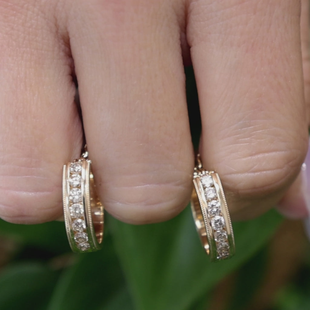 14K Yellow Gold 1.00 CTW Natural Diamond Channel Set Hoop Earrings 6.9g