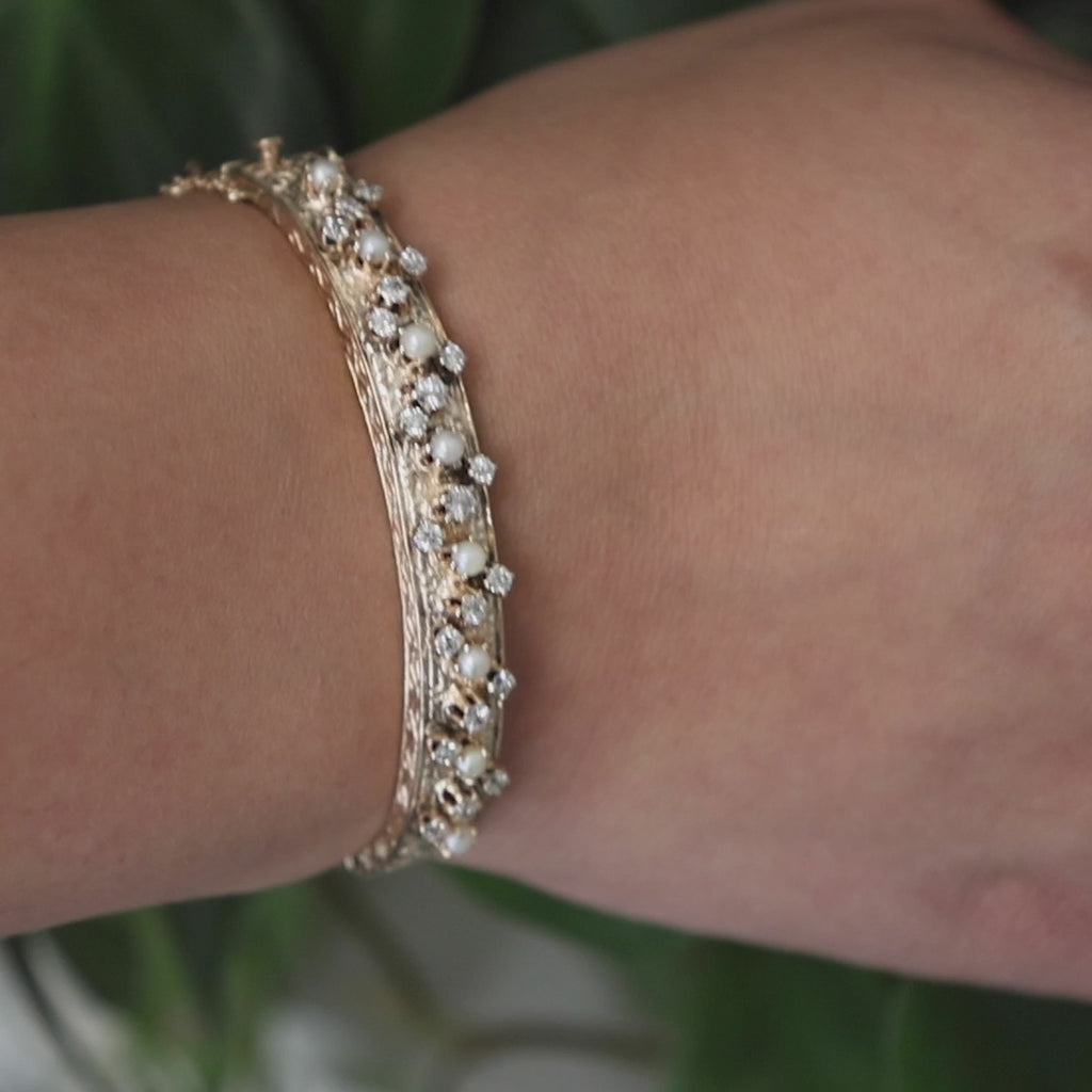 Vintage Cultured Akoya Pearl Diamond Bangle 14K Yellow Gold 6.25" Ladies Estate