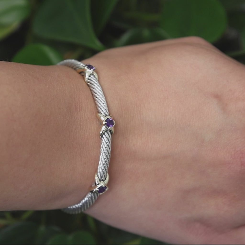 Amethyst Cable Cuff X Bangle Bracelet Sterling Silver 14K Gold 0.45 CTW 6.75"