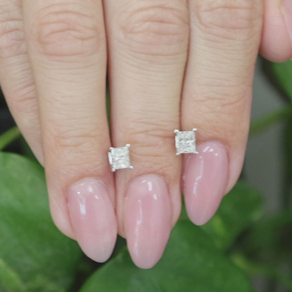 0.63CTW Natural Princess Cut Diamond Stud Earrings Platinum 14K Gold Screw Backs