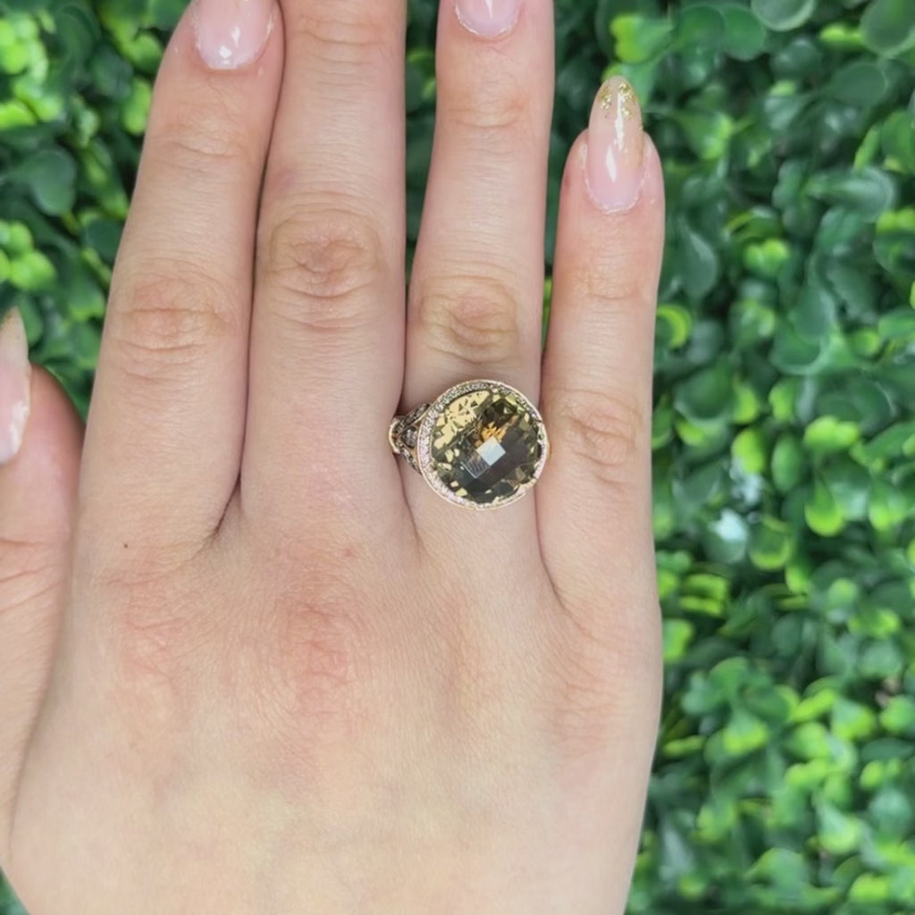 LeVian Smoky Quartz Chocolate Diamond Halo Ring 14K Rose Gold SZ 7 NEW WITH TAGS