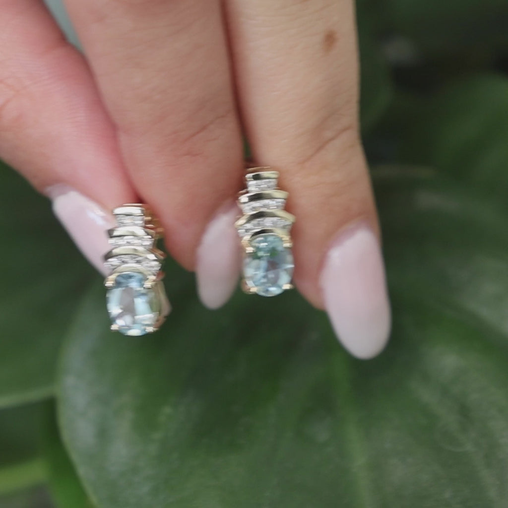 Blue Topaz Diamond Drop Earrings 14K Yellow Gold 3.39 CTW 0.47" Ladies Estate