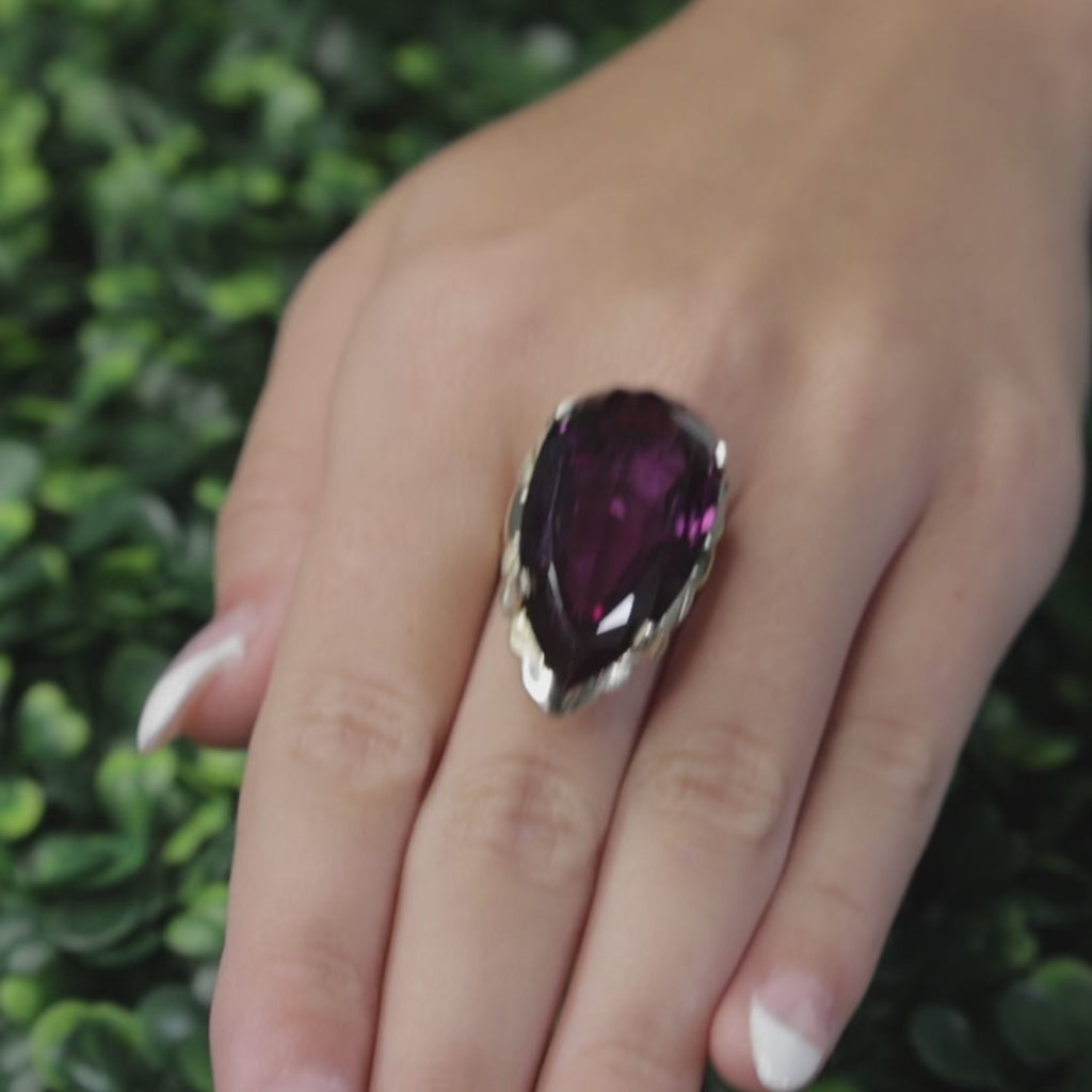 Large Pear Cut Purple Alexandrite Ring 10K Yellow Gold Statement Cocktail Ring 9