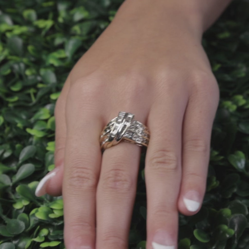 Diamond Swirl Cocktail Ring 14K Gold 1.35 TW Round Baguette Cut Size 8.25