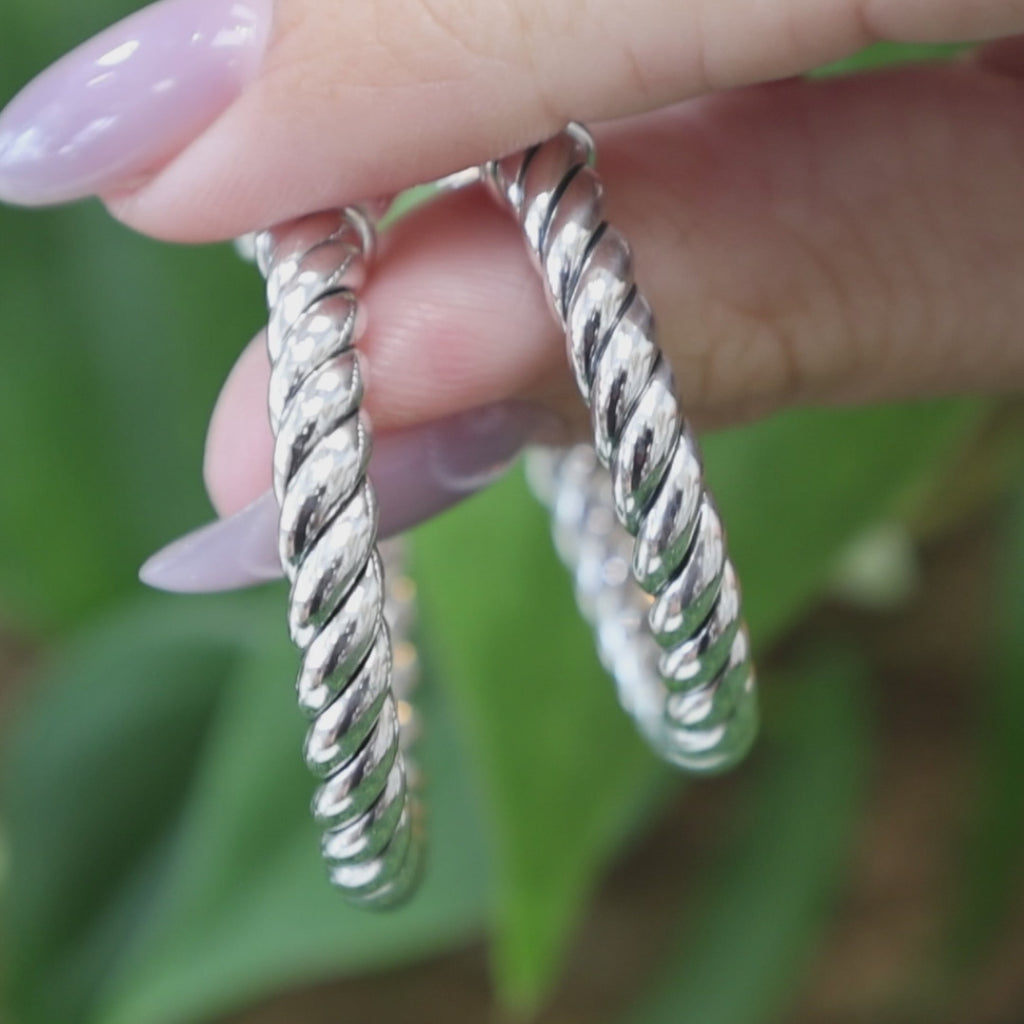 David Yurman Cable Hoop Earrings Sterling Silver 925 14K White Gold Posts 1.15"
