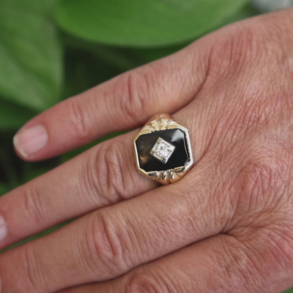 Vintage Two Tone Gold Onyx Old European Cut Diamond Signet Ring Mens Size 11.25