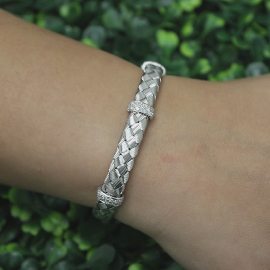 14K White Gold Diamond Woven Bangle Bracelet 0.50 CTW Italy Basket Weave 6.75"